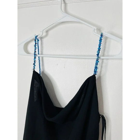 Niki Livas Evening Dress 10 Beaded Black 90s Style Handkerchief Hem Draped Neck - Picture 2 of 14
